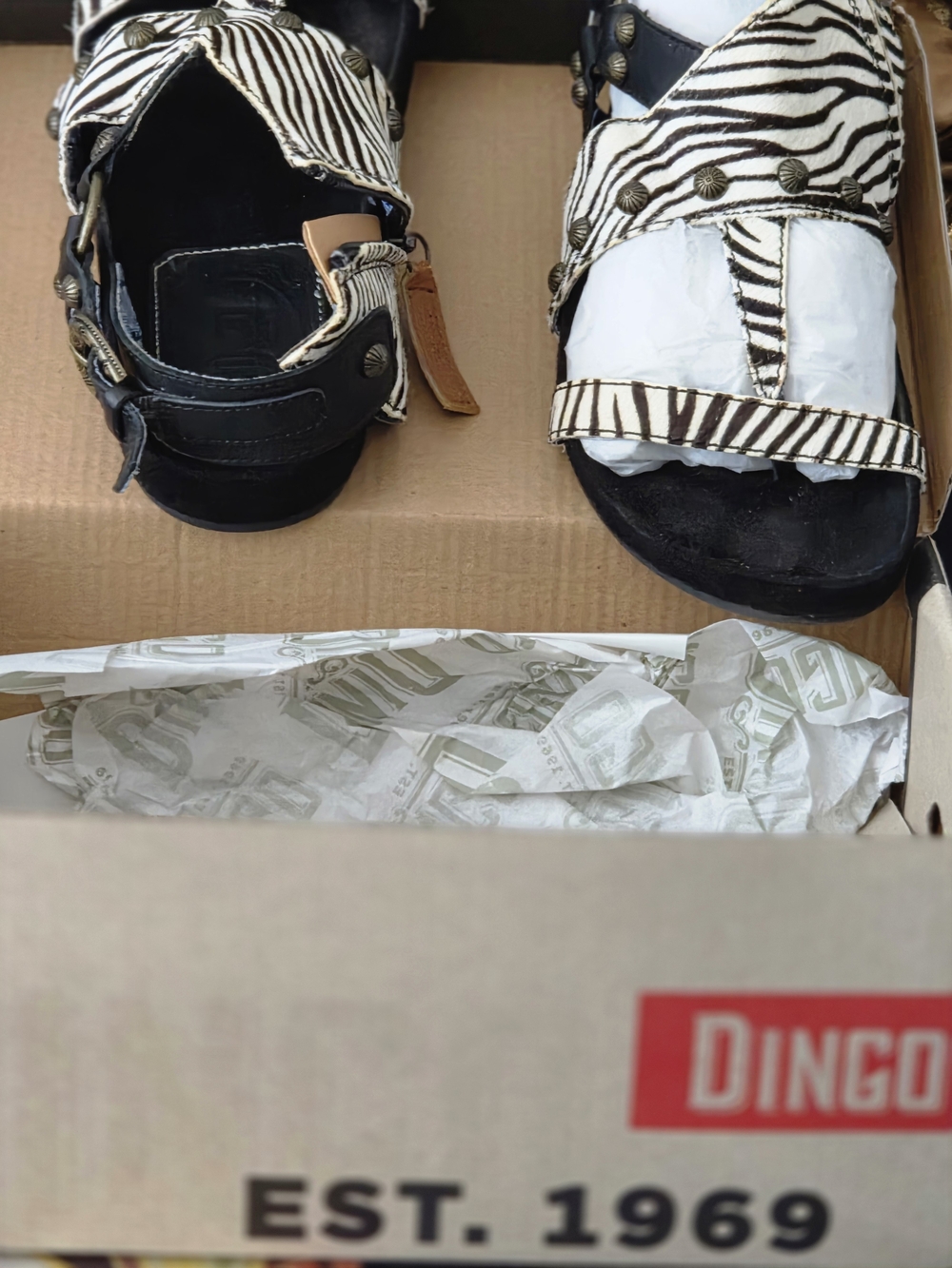 dingo Black & White Zebra Print Studded Sandals